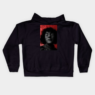 Portrait, digital collage and special processing. Woman with closed eyes. Mystic and beautiful.  Red and gray. Glow. Kids Hoodie